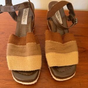 Yves Saint Laurent Brown and Tan Striped Knit Espadrille Sandals
